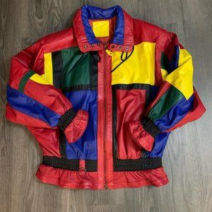 Lexie Duncan’s 1970’s inspired Mixed Blues Colorblock Leather Jacket